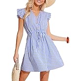 CUPSHE Women's Stripes Mini Dress Tie Waist Ruffle Flutter Cap Sleeve V Neck Smocked Short Dress