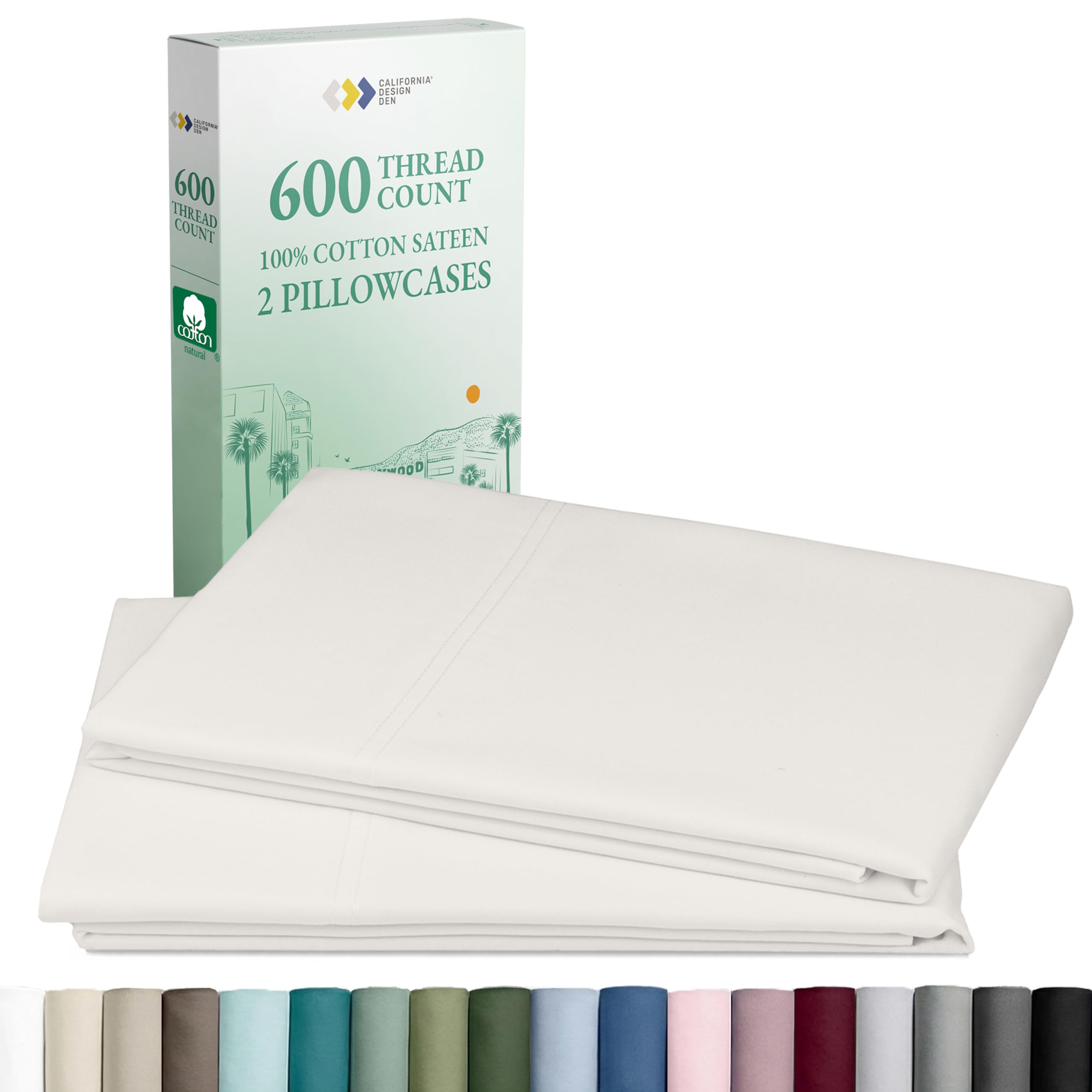 California Design Den Luxuriously Soft 100% Cotton Pillowcases Queen Size Set of 2-600 Thread Count Sateen, Fits Standard & Queen Pillows - True Ivory Image