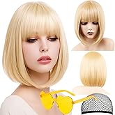 VCAY Bob Wig, 12 Inch Short Blonde Bob Wig with Bangs,Straight Cosplay Wig,Heat Resistant,Adjustable Straps Wigs for Women Girl with Wig Cap
