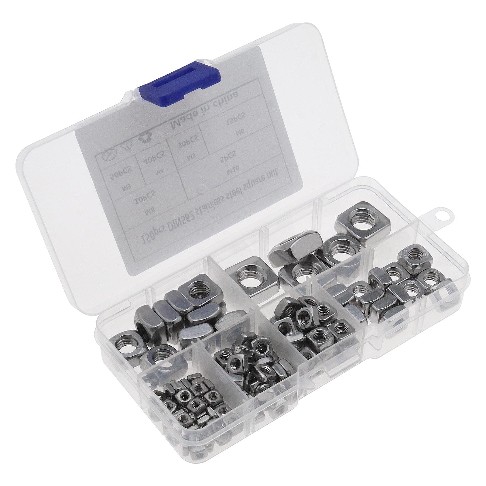 EMSea 150Pcs DIN 562 Square Thin Nuts Assortment Kit with Storage Box M3 M4 M5 M6 M8 M10 304 Stainless Steel for Industrial Machinery