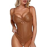 Popilush Body Suits for Womens Faux Leather Lace V Neck Shapewear Tummy Control Sleeveless Thong Corset Bodysuits