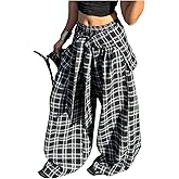 GORGLITTER Women's Wide Leg Gingham Pants Plaid High Waisted Flowy Y2k Cute Fall Pants with Hip Scarf
