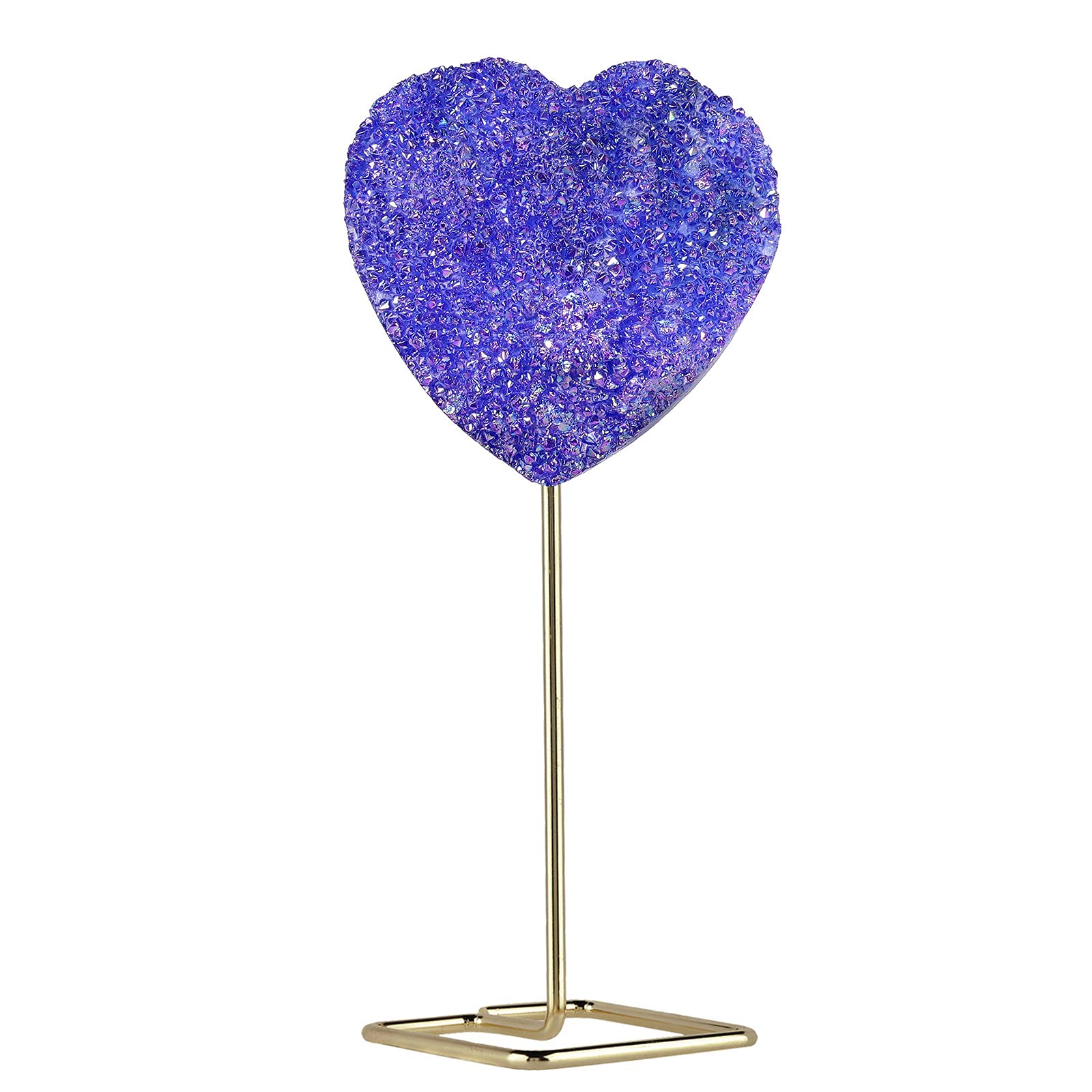Nupuyai Love Heart Crystal Cluster Stone with Stainless Stand, Blue Titanium Coated Rock Quartz Geode Specimen for Reiki Healing Home Decor