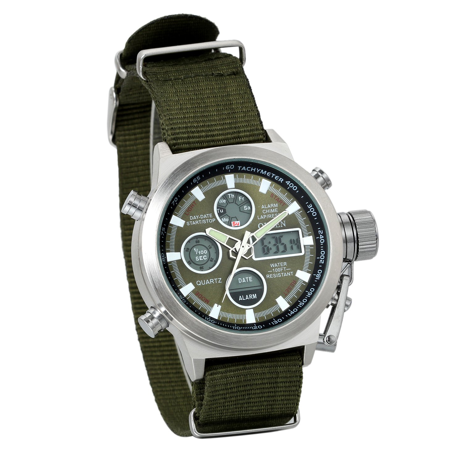JewelryWe Men Analog Digital Dual Time Military Wrist Watch LED Multifunction Sport Watches Watch-Army Green