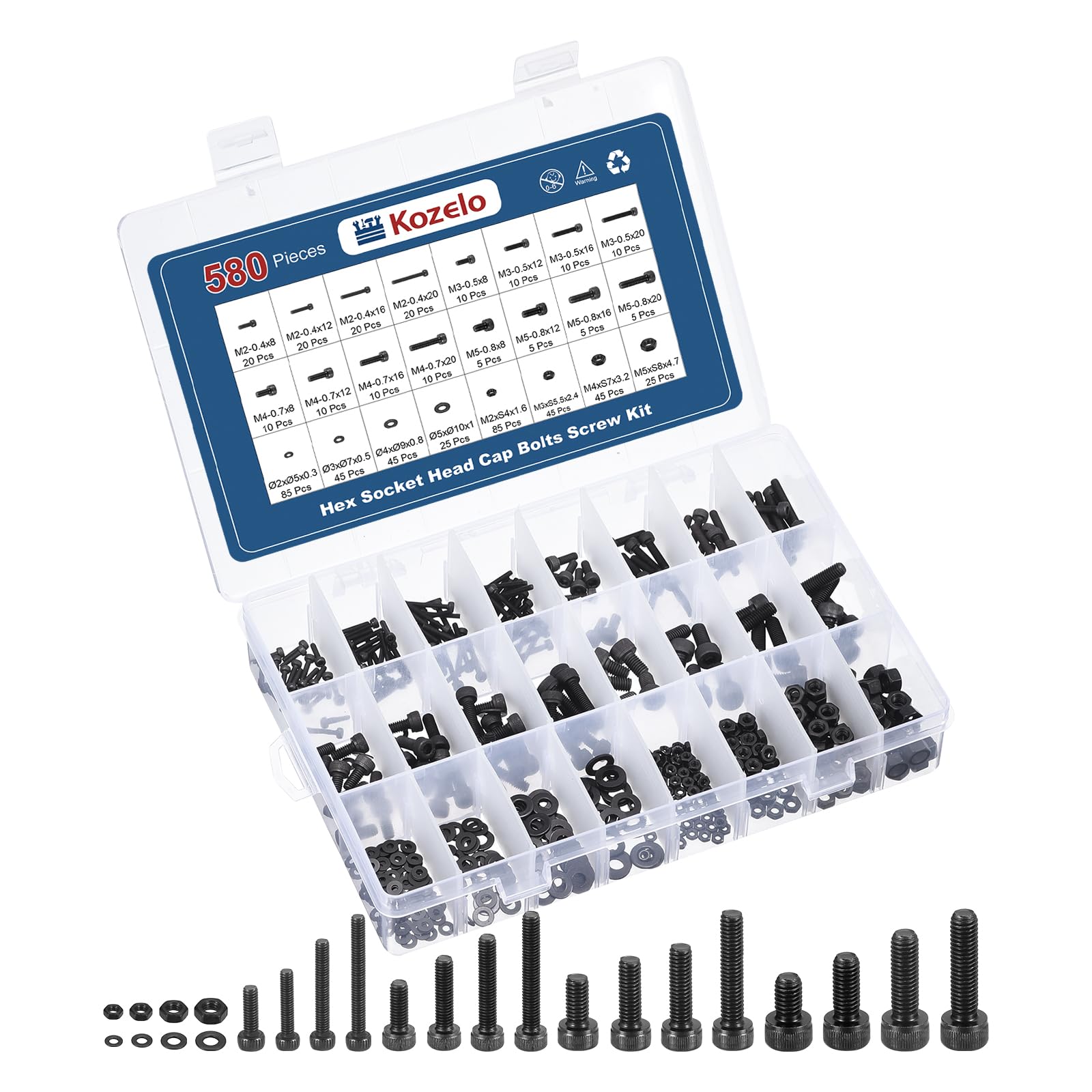Kozelo 580pcs Socket Head Cap Screws Bolts Nuts Assortment Kit - [M2/M3/M4] Alloy Steel Fully Threaded Black Oxide 12.9 Internal Hex Screw for 3D Printer Use