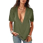 UNCLECAT Womens Deep V-Neck T Shirts Sexy Short Sleeve Tops Summer Oversized Tee