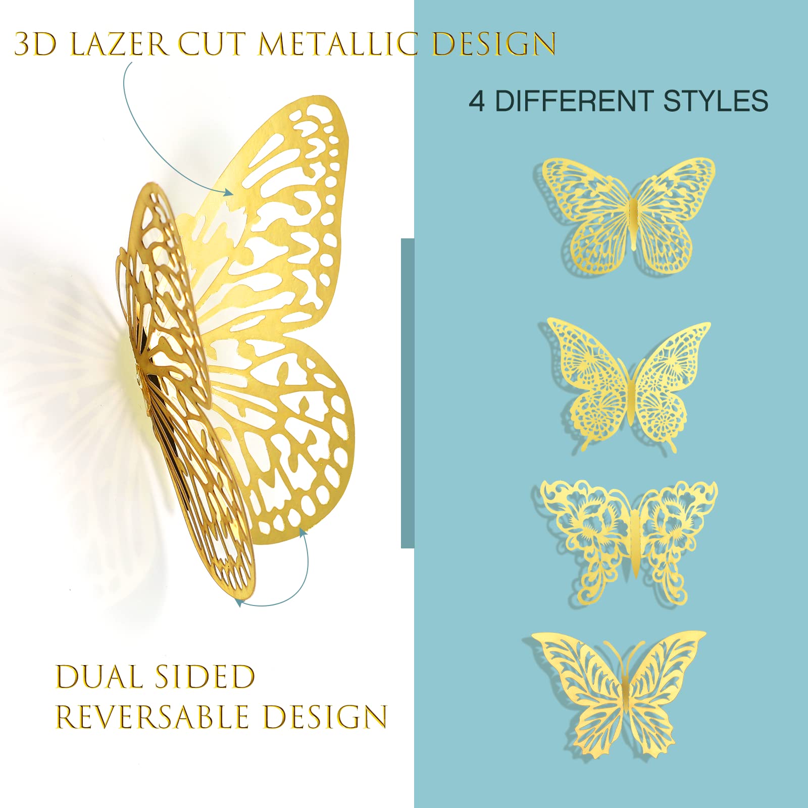 3D Gold Butterfly Decorations Butterflies Stickers, XUNXMAS 48Pcs 4 Styles 3 Sizes Butterfly Wall Decor Party Birthday Cake Decorations, Removable Stickers Decals for Mirror Kids Room Bedroom Wedding