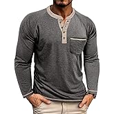 Mens Henley Shirts Long Sleeve Casual Button Basic T-Shirts Classic Vintage Tee Shirts with Pocket