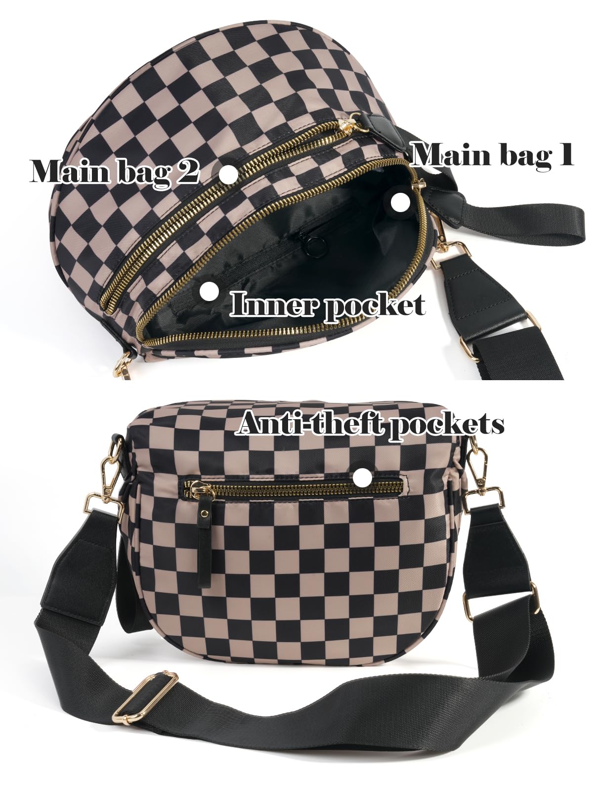MEISEY Black and White Checkered Crossbody Bag Bum Bag for Women,Spacious Checkered Purse Fanny Packs Belt Bag