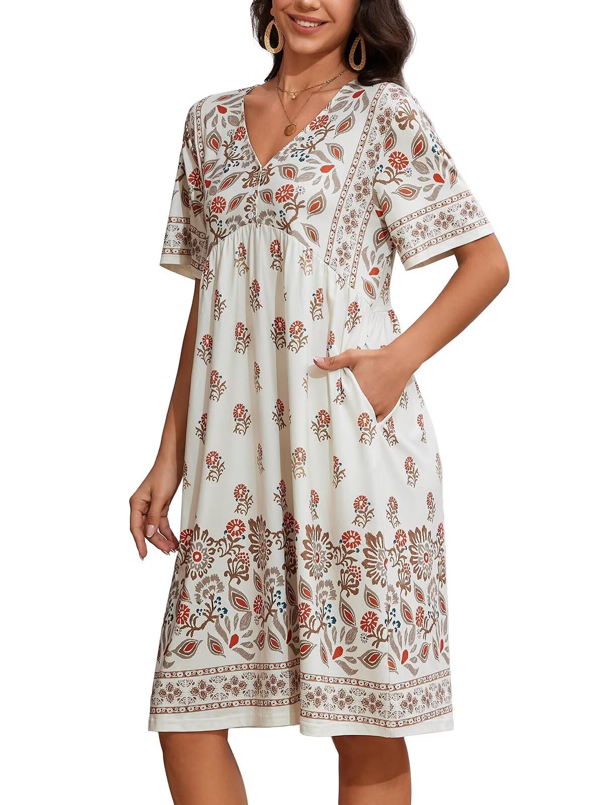 Photo 1 of CRIPOM Plus House Dress for Women Woth Short Sleeve Nightgown with Pockets and Floral Print Apricot XXL