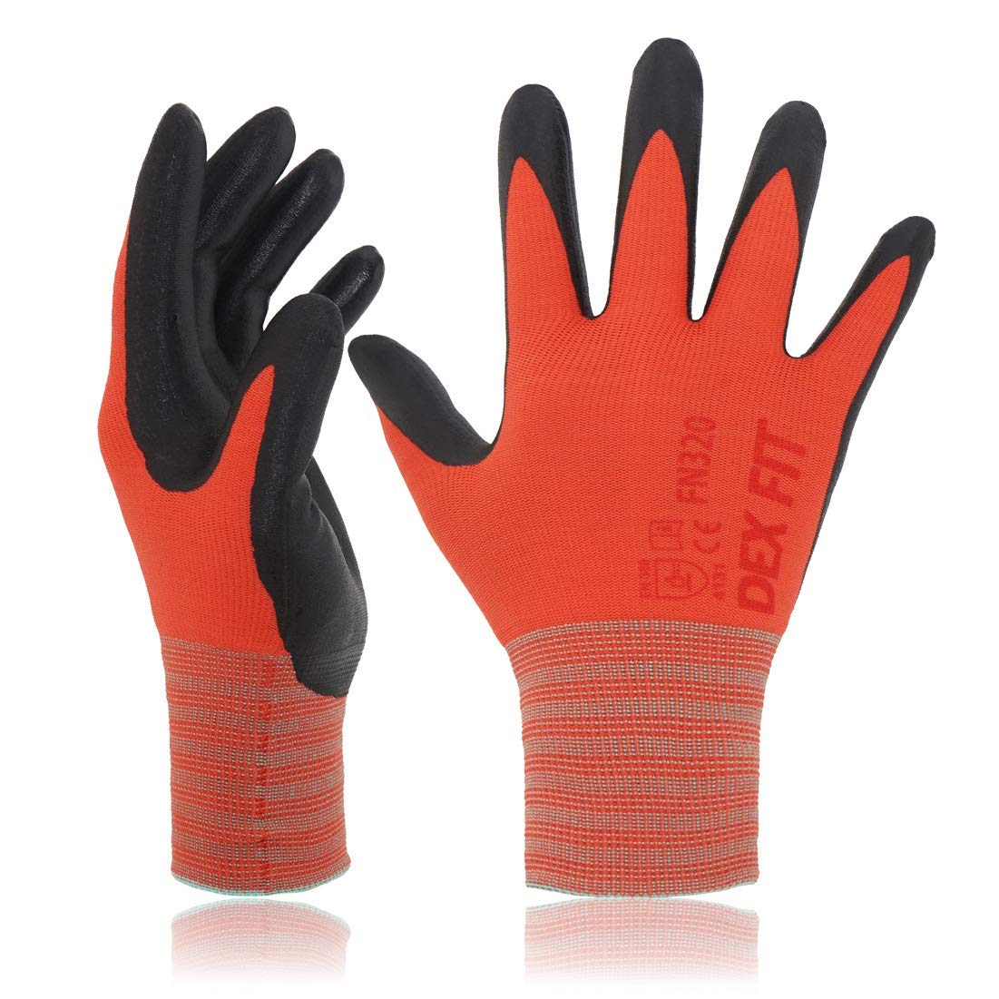 DEX FIT Nitrile Work Gloves FN320, 3D Comfort Stretch Fit, Power Grip, Durable Foam Coated, Thin & Lightweight Premium Nylon, Machine Washable, Red 9 (L) 3 Pairs