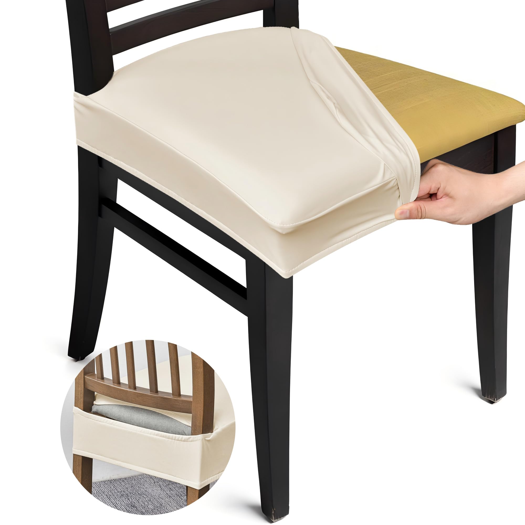 MEKOTRIN Dining Chair Covers Set of 4, PU Leather Waterproof Dining Chair Seat Covers, Removable Kitchen Chair Slipcovers for Dining Room Hotel Garden(Beige)