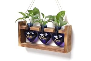 MTSIGNS Plant Terrarium Propagation Stations Faith Hope Love Hydroponics Home Garden Decoration Gift for Women with Wooden Stand Heart Shaped Colored Glass Vase