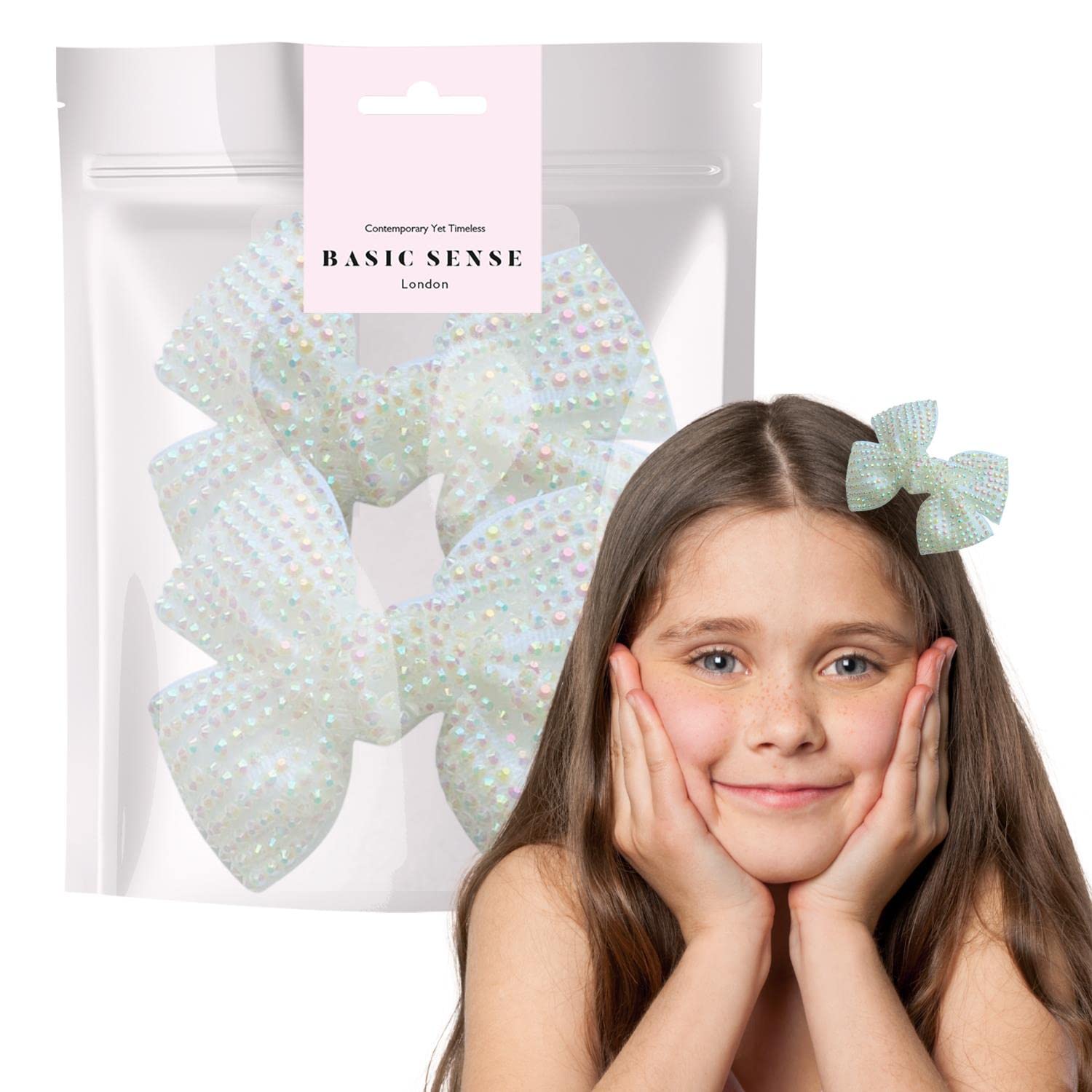 BasicSense 2 Pieces Rhinestone Bow Hair Clips Diamante Ribbon Crocodile Alligator for Girls, White
