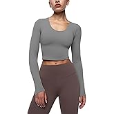 ENERBLOOM Womens Long Sleeve Shirts Workout Crop Tops Yoga Tee Built in Bra Mild Support Cream Feeling Athletic Top U-Neck