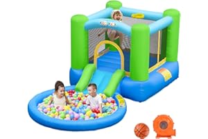 Klo Kick Indoor Bounce House for Kids 3-6 with Ball Pit Pool with Blower, Inflatable Jumping House with Water Slide for Outdoor Playground Party, Built-in Basketball Hoop, 250 LBS Capacity (Green)