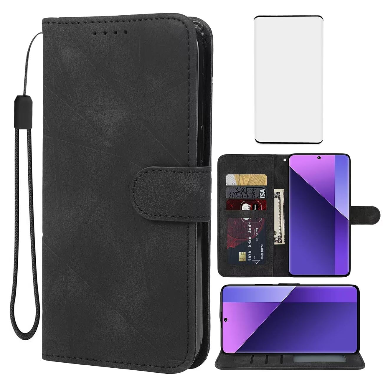 Wanyuexes Case for Redmi Note 13 Pro+ 5G/Note 13 Pro Plus 5G Wallet Case with Tempered Glass Screen Protector, Leather Flip Credit Card Holder Stand Phone Cover for Xiaomi Redmi Note 13 Pro+ 5G Black