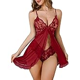 Rigeri Sexy Lingerie for Women Open Front V Neck Lace Nightgown Babydoll Sleepwear Sheer Dress S-5XL