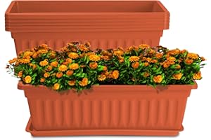 HOXHA 6 Pack Window Box Planter, 17 inches Plastic Vegetable Flower Planter Boxes with Tray, Rectangular Indoor and Outdoor Flower Pots for Windowsill, Patio, Porch, Garden Balcony