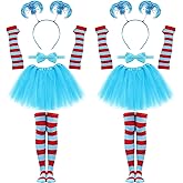 WGOCAUK 10 PCS World Book Day Thing Costume - Include Blue Pom Pom Headbands Tutu Skirt Bowtie Striped Gloves and Knee Socks for 101 Days of School Dress Up