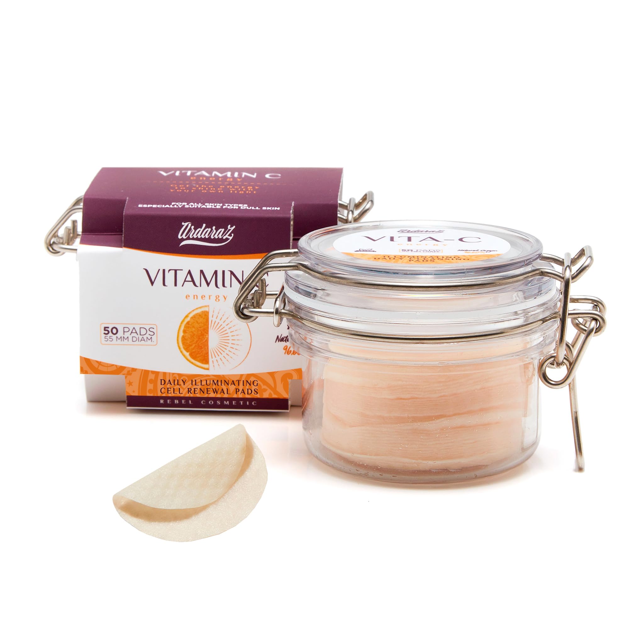 Ardaraz Cell Renewal Cotton Pads with Glycolic Acid and Ascorbic Acid. Pre Saturated Face Peel Pads with an anti-blemish facial toner. Daily soft facial peel. 50 units