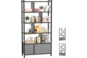 armocity 74 Inch Tall Bookshelf, 6 Tier Bookcase with Drawers, Modern Book Shelf Display Standing Shelf Units with Storage, Wood and Metal Bookshelves for Living Room, Bedroom, Home Office, Grey Oak