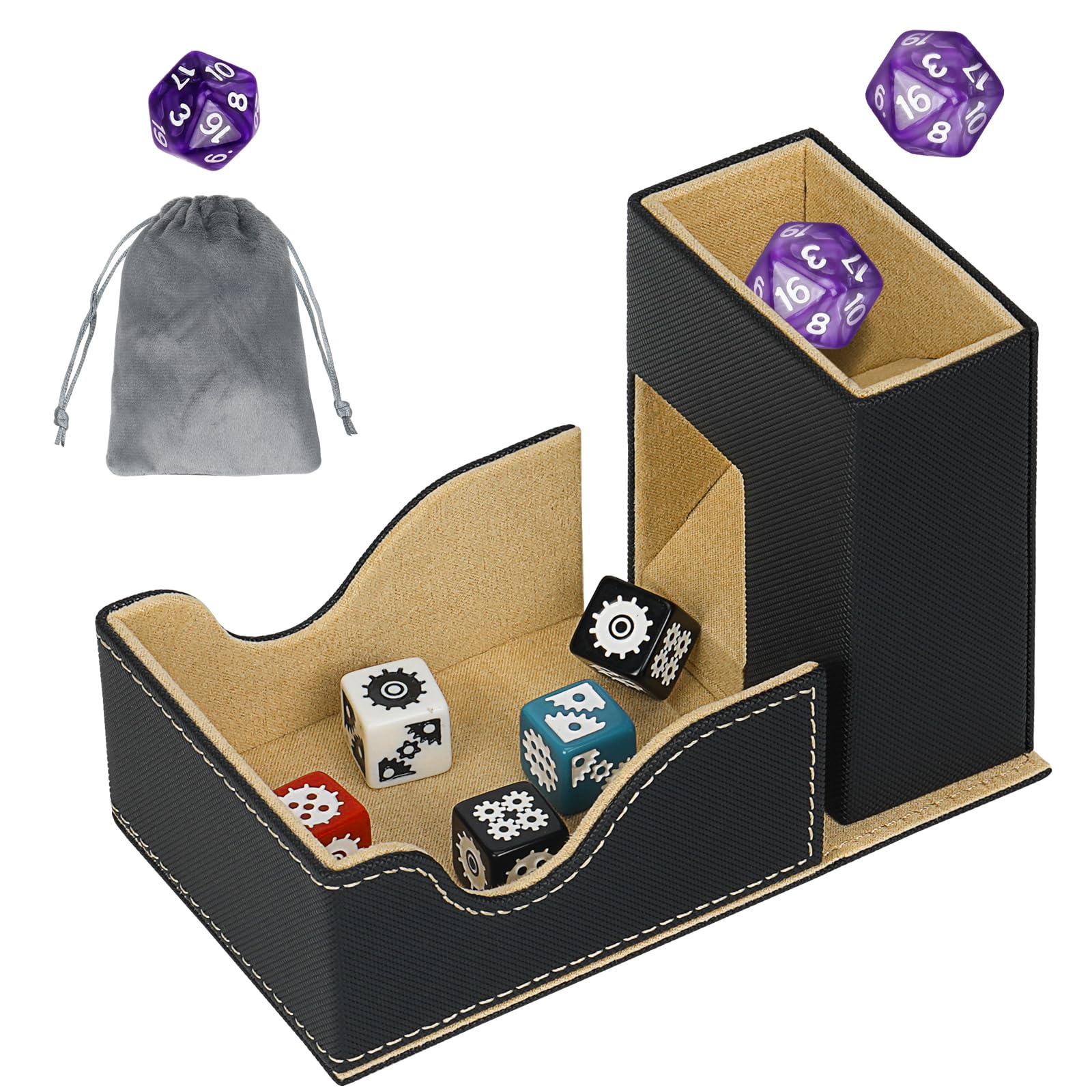Jaffzora 3-in-1 Foldable Dice Tower & Magnetic Dice Storage Box, Premium Leather Dice Organiser with U-Shape Groove for D&D, MTG, RPG & Tabletop Games, Black & Golden
