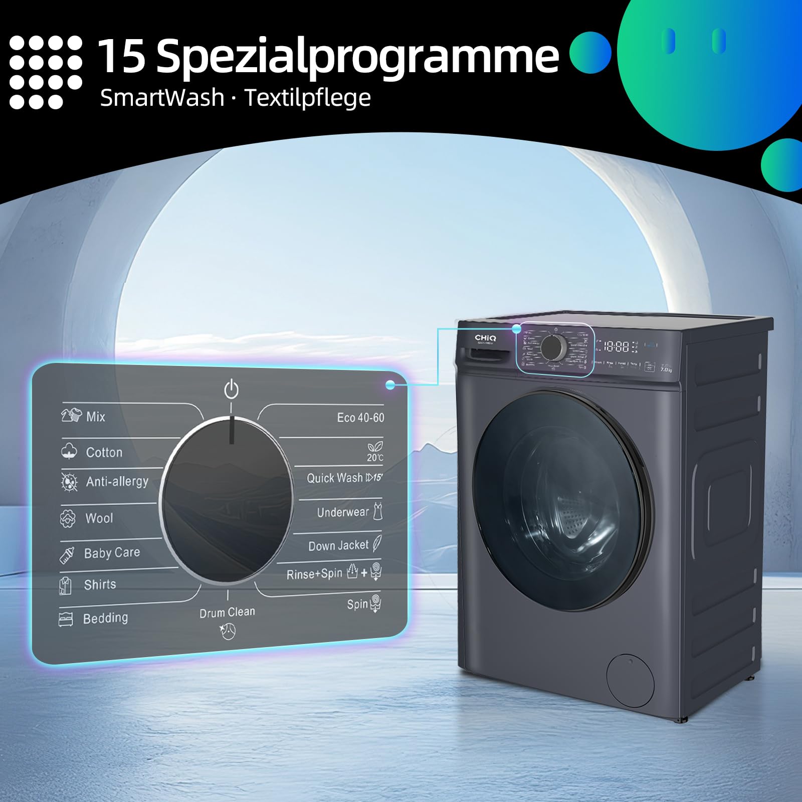 CHiQ Waschmaschine 7kg, InverterMotor, EEK A| 60x46,5x84cm, Große Tür| Eco, Speed Wash, Auto Clean, Kindersicherung|1200 U/Min, Washer Grau, CW07123863AX 6