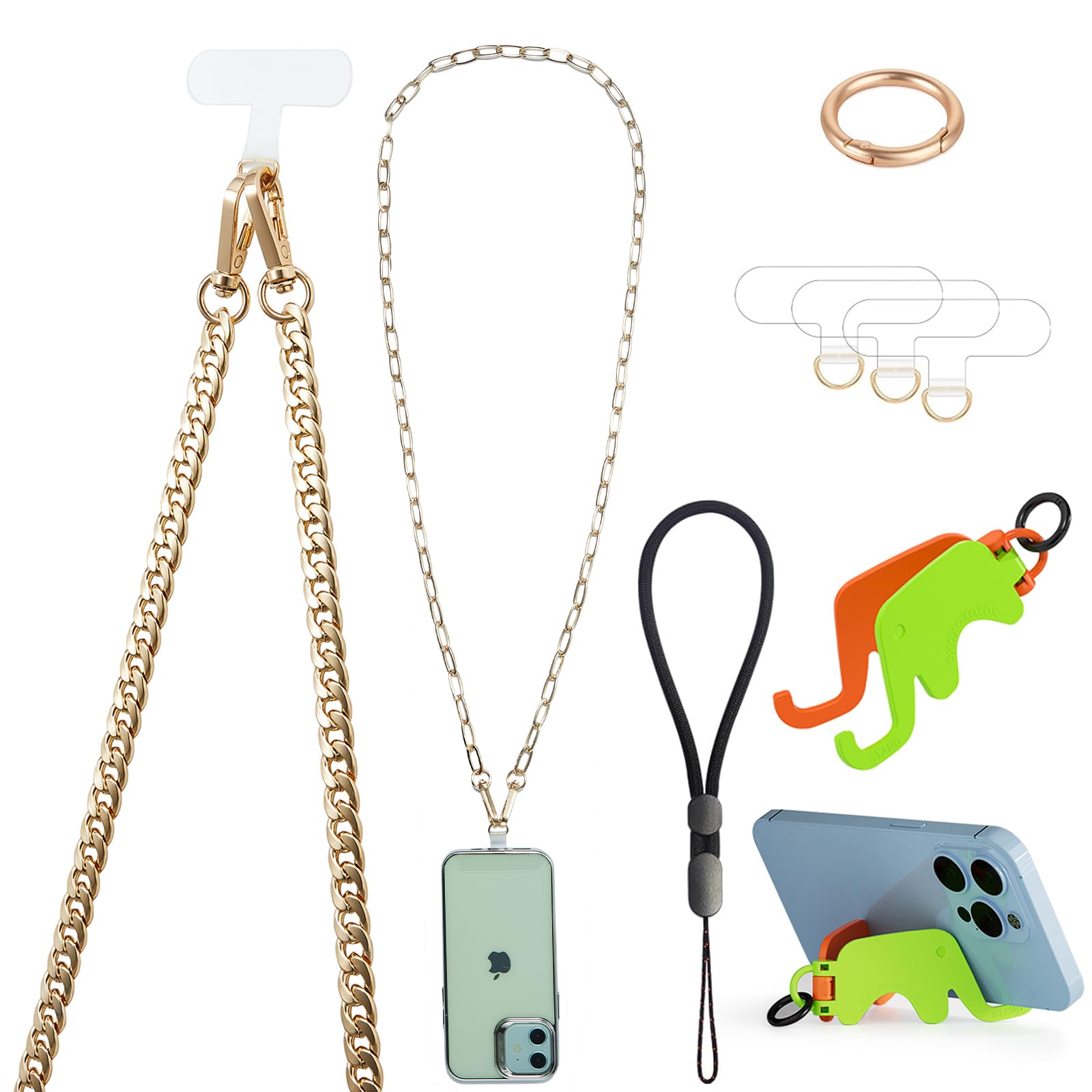 Photo 1 of 2 pc Crossbody Phone Strap Detachable Lanyard Chain Shoulder Neck with Wrist Strap Charm Finger Grip 3 Patches Tether Phones Stand Holder Anti Theft Universal for iPhone 17 16 All Phones Gold