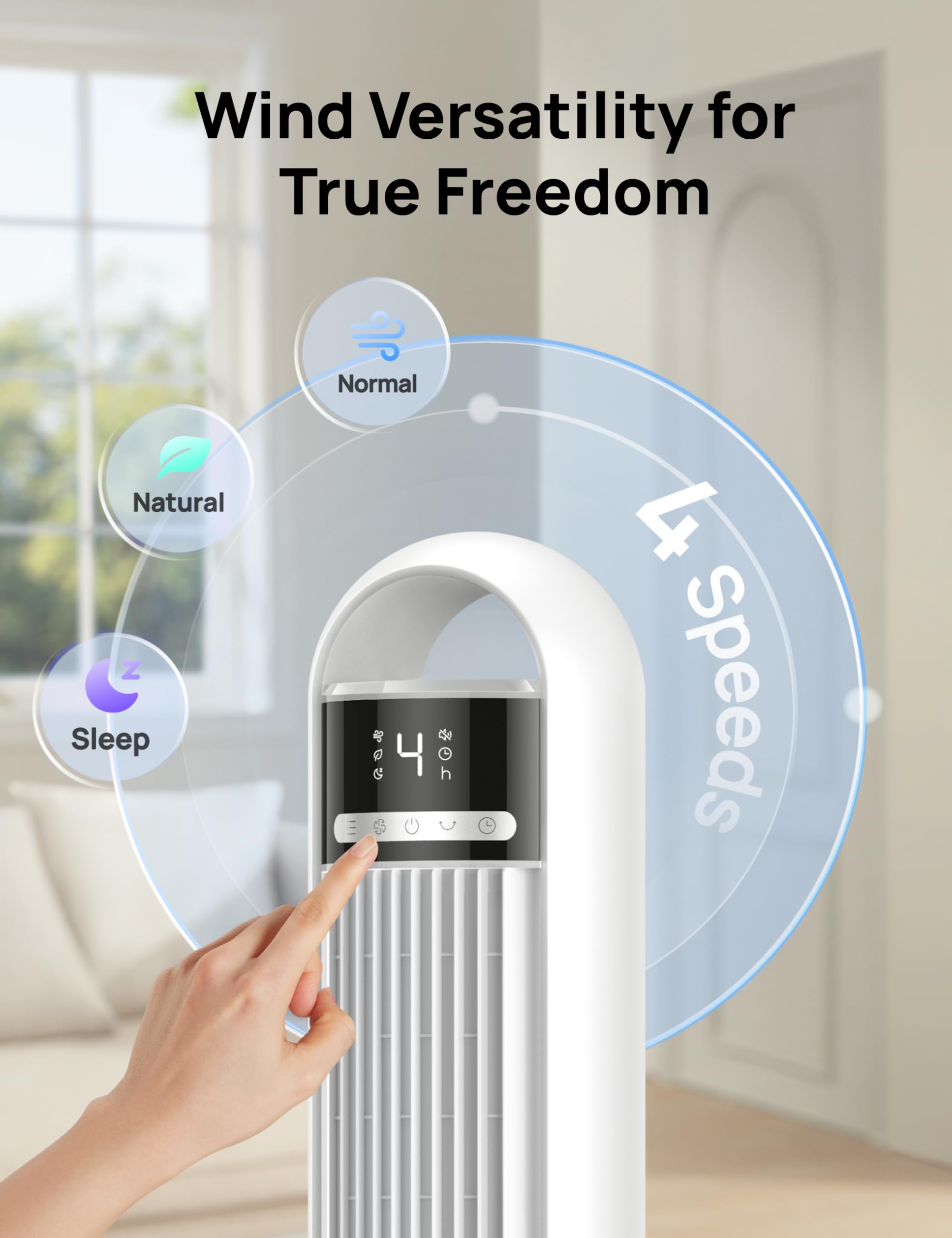 Dreo Tower Fan for Bedroom, 90° Oscillating Fan, Standing Fan with 3 Modes, 4 Speeds, 8H Timer Cooling Fans for Home, Living Room, Office, White, TF117