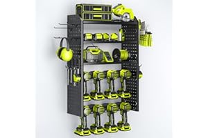 KAFAHOM Power Tool Organizer,Large 8 Drill Holder Wall Mount with 2 Side Pegboards,5 Layer Metal Tool Storage Rack with 12 Hooks,Tool Shelf for Garage Organization,Utility Battery Shelves - Black
