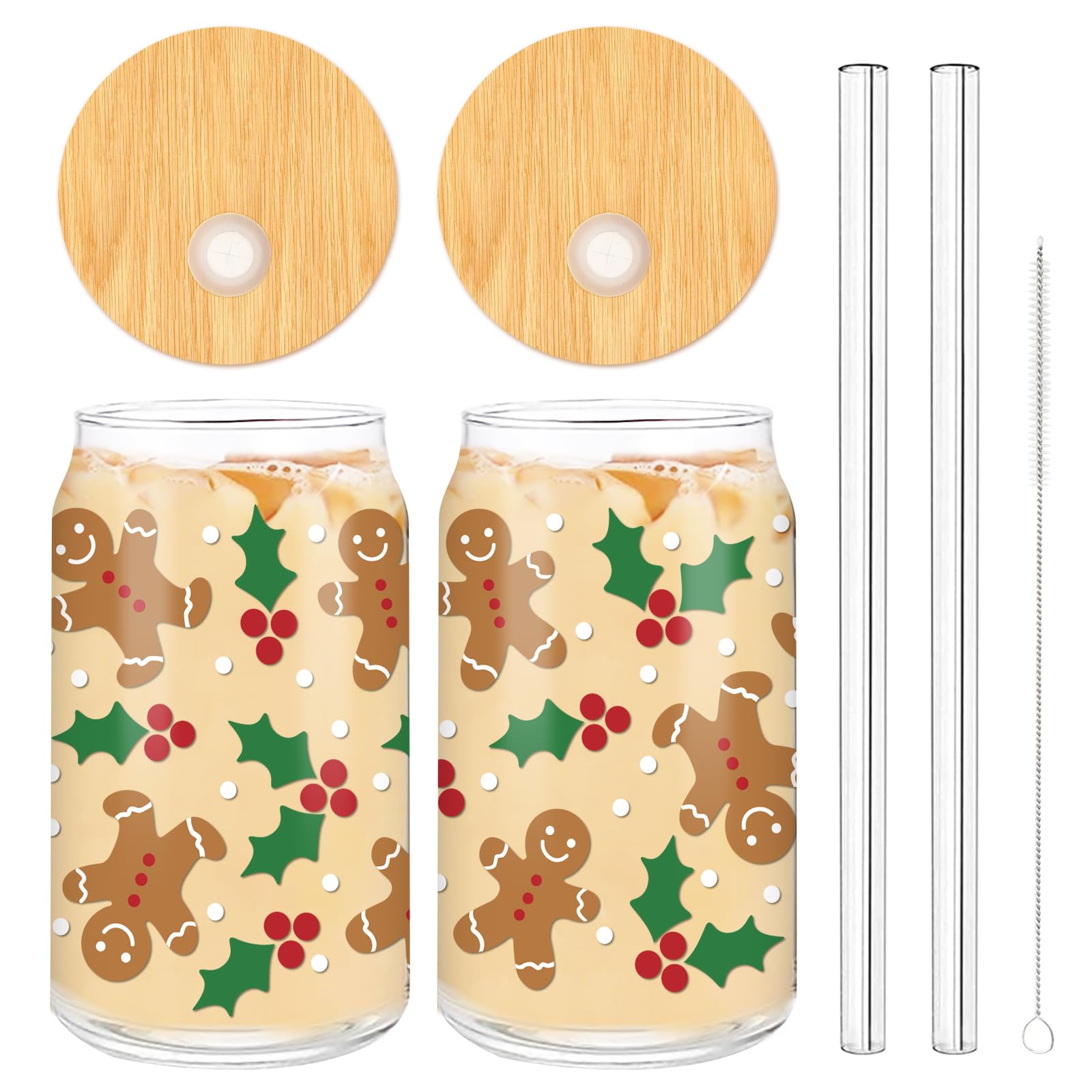 Photo 1 of 2 Pack Christmas Drinking Glasses 16oz Gingerbread Man With Holly Glass Cup Xmas Iced Coffee Cup with Lid Straw Cleaning Brush for Home Office Gifts