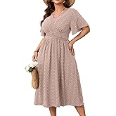 RWJ Women's Plus Size Maxi Dress V Neck Short Sleeve Swiss Dot A Line High Waist Boho Swing Casual Summer Dresses