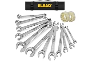 ELEAD 14-Piece Flare Nut Wrench Set with PTFE Tape, Metric & SAE 1/4"-7/8"& 6-21mm, Brake Line Wrench Set Double Open End with Organizer Pouch for Repairing and Removing Nuts