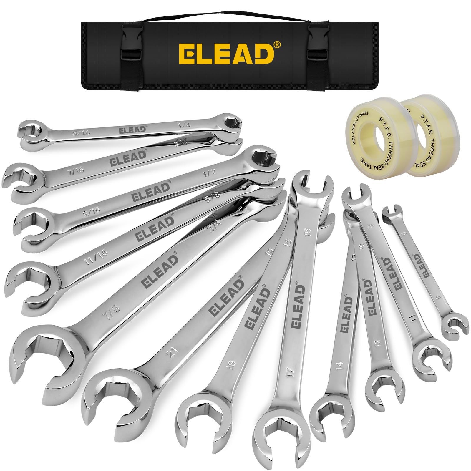 Photo 1 of 14-Piece Flare Nut Wrench Set with PTFE Tape, Metric & SAE 1/4"-7/8"& 6-21mm, Brake Line Wrench Set Double Open End with Organizer Pouch for Repairing and Removing Nuts