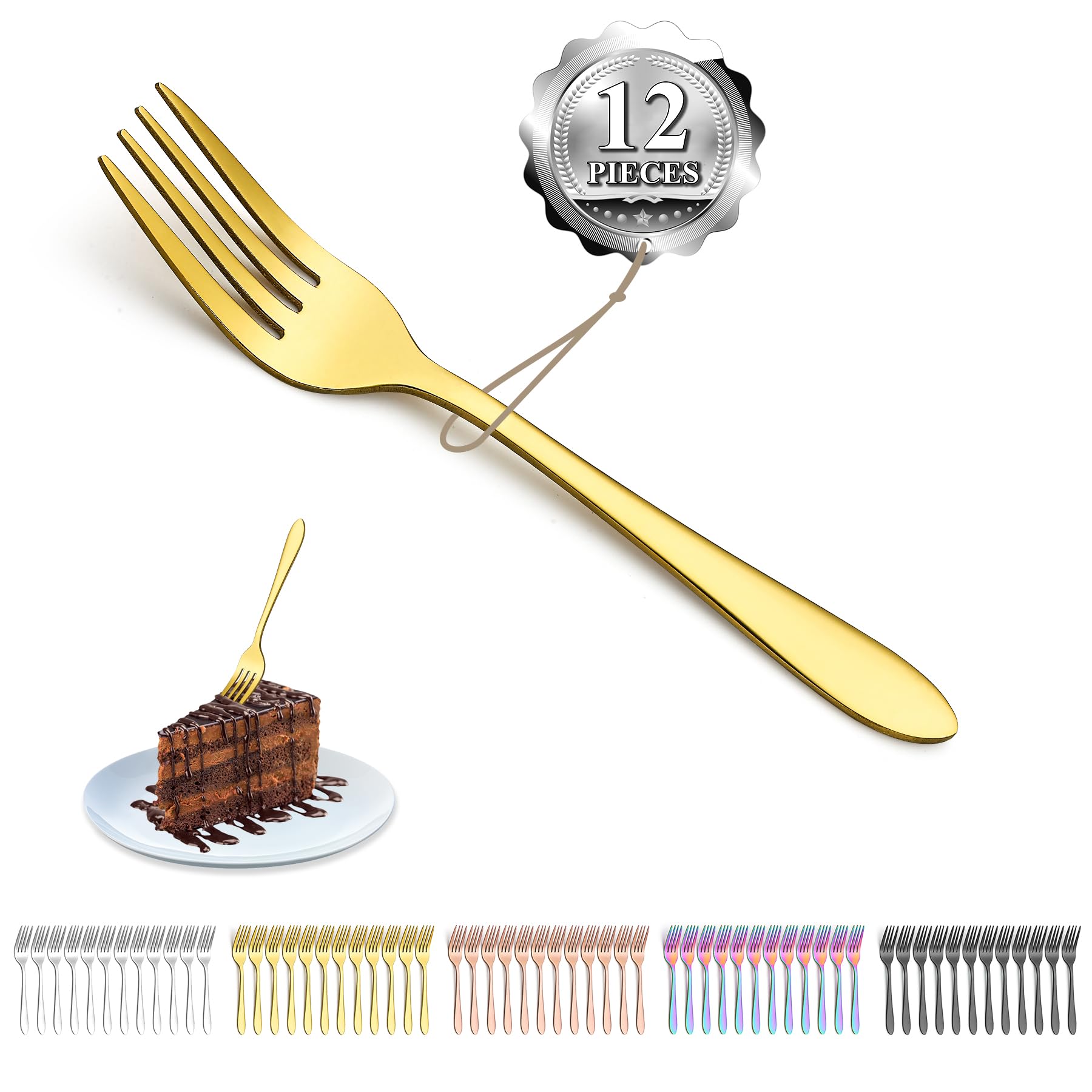 Kyraton Gold Dessert Set of 12 Pieces 14cm Titanium Golden Plating Stainless Steel Cake, Tea Fork, Pastry, Fruit, Cutlery Set Dishwasher Safe