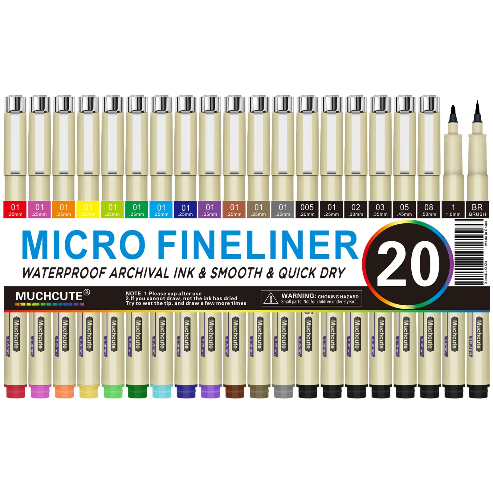 Muchcute Micro Fineliner Drawing Art Pens: 20 Set (12 Colors & 8 Black) Extra Fine Line Waterproof Ink Artist Supplies Archival Inking Ultra Thin Markers Sketch Sketching Watercolor Zentangle Stuff