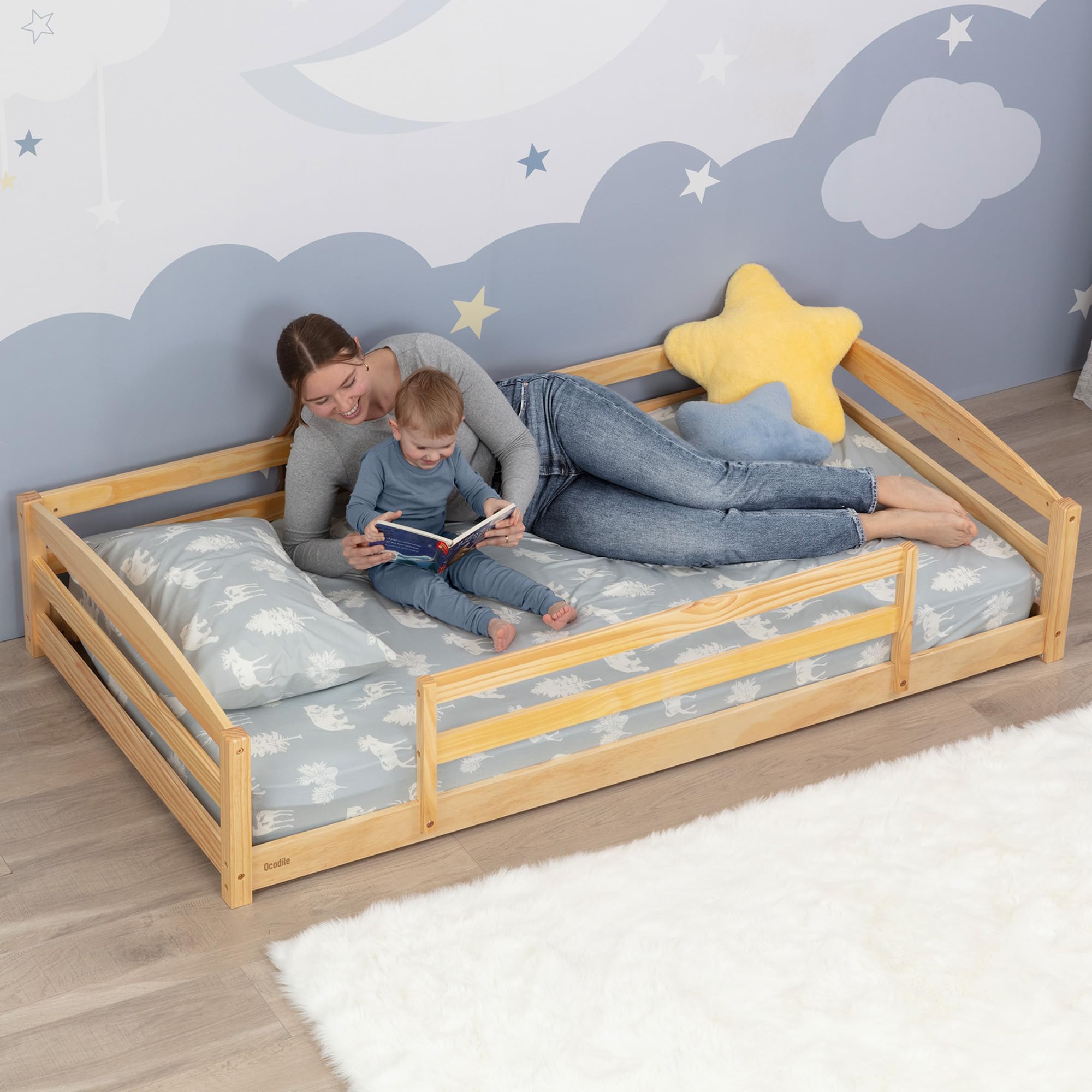 Photo 1 of Ocodile Twin Floor Bed with Safety Guardrails for Kids, Montessori Inspired with Rails and 2 Openings, Twin Size Bed Frame for Girls and Boys - Varnished
