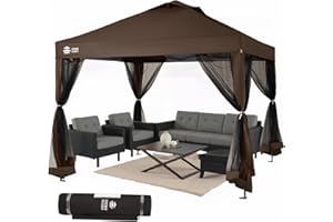 CROWN SHADES Gazebo 10x10, Pop Up Gazebo with Mosquito Netting, Screen Tent with 4 Ropes, 8 Stakes, 4 Sandbags and Wheeled Storage Bag, Canopy for Patio & Backyard, Coffee