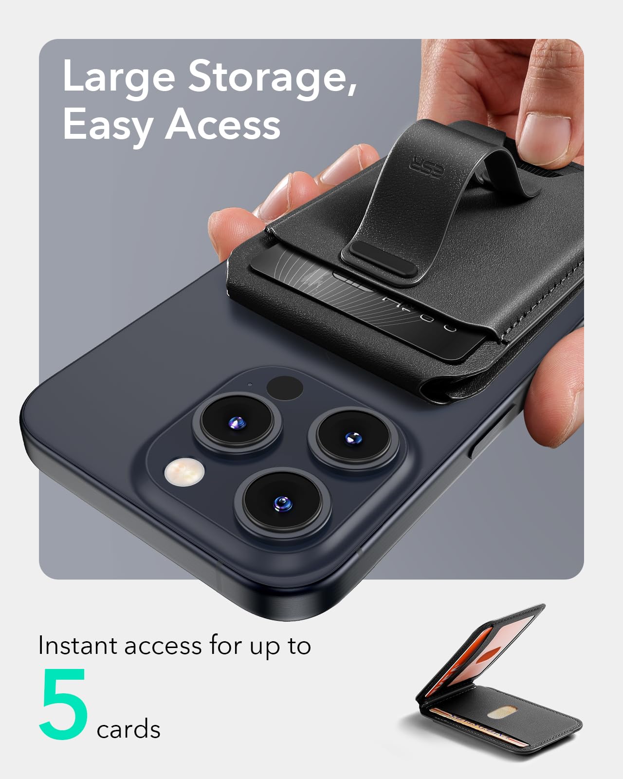 ESR Upgraded for MagSafe Wallet, 5 Card Holder with Adjustable Stand, Secure Grip Finger Loop, Magnetic Wallet for iPhone 17/16/15/14/13/12, Not for Mini, Not Find My Compatible, Black