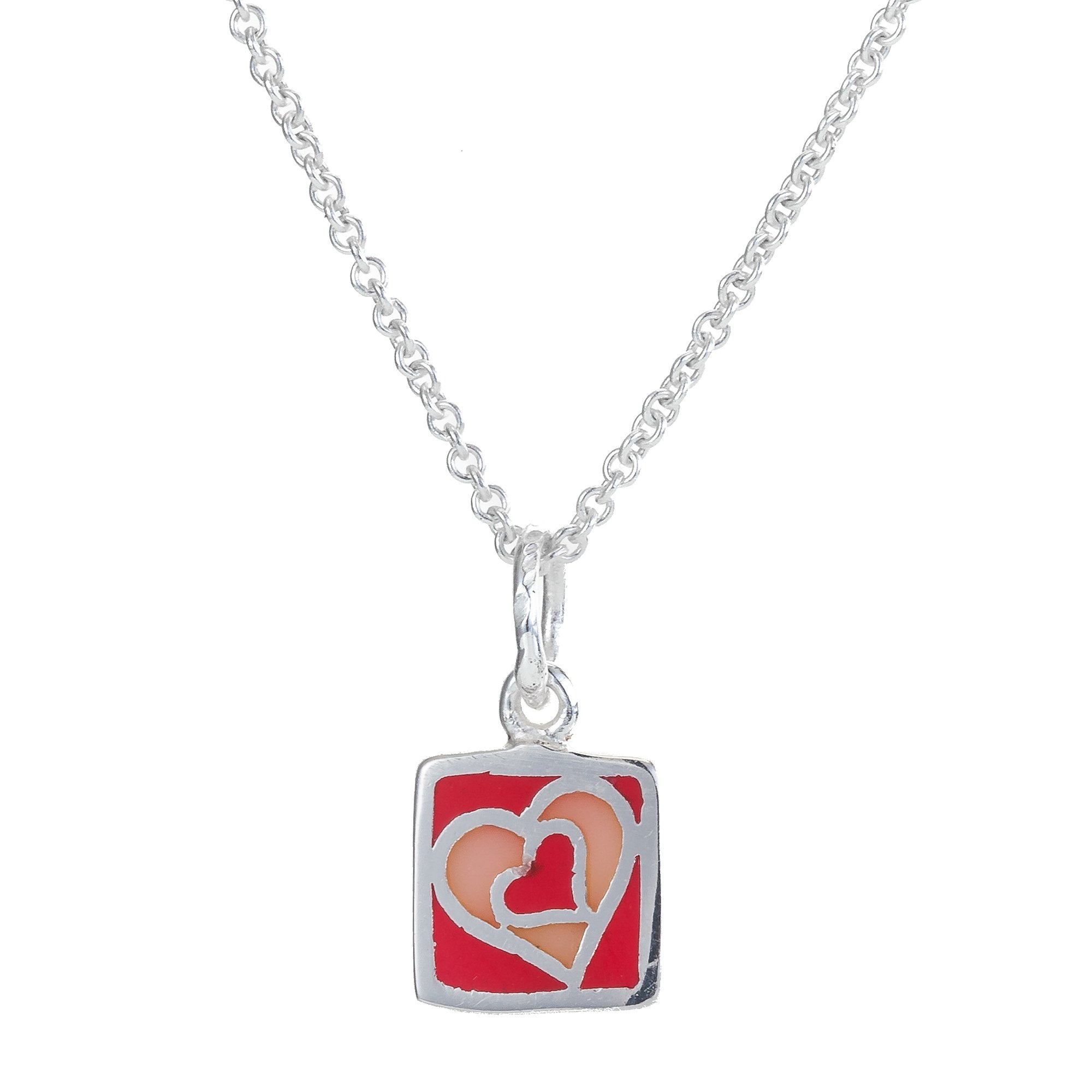 Lynora Sterling Silver Square Pink Enamel Pendant with Heart Design Chain Included