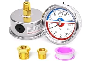 MEANLIN MEASURE 0-160Psi Stainless Steel Thermal Pressure Gauge 30-250℉ 1/4" NPT 2.5" FACE DIAL Liquid Filled Pressure Gauge, with 1/2" NPT and 3/8" NPT Hex Bushing, Back Mount
