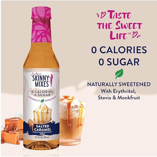 JORDAN’S SKINNY MIXES SUGAR FREE COFFEE SYRUP, SALTED CARAMEL COFFEE FLAVORING SYRUP, NATURALLY SWEETENED ZERO CALORIE DRINK MIX, LATTES, BAKING OR PROTEIN SHAKE, DAIRY & GLUTEN FREE, 12.7 FL OZ