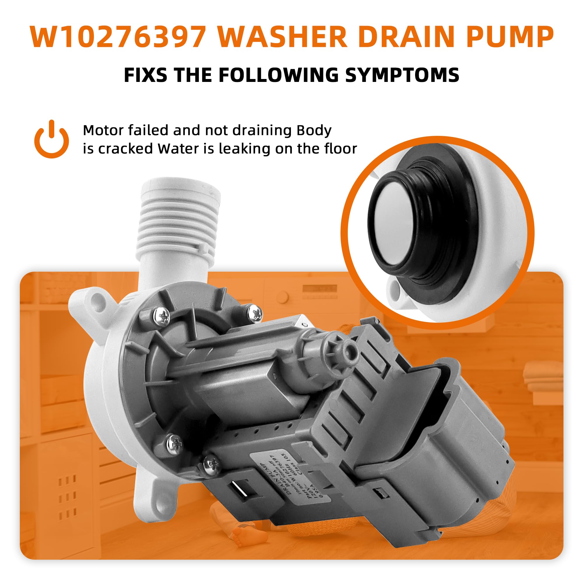 AMI PARTS W10276397 Washer Drain Pump for Whirlpool may tag Kenmore Washing Machine Replaces B40-3A WPW10276397VP AP6018417 1874334 LP397 WPW10276397 Drain Pump (10 Years WARRANTY)