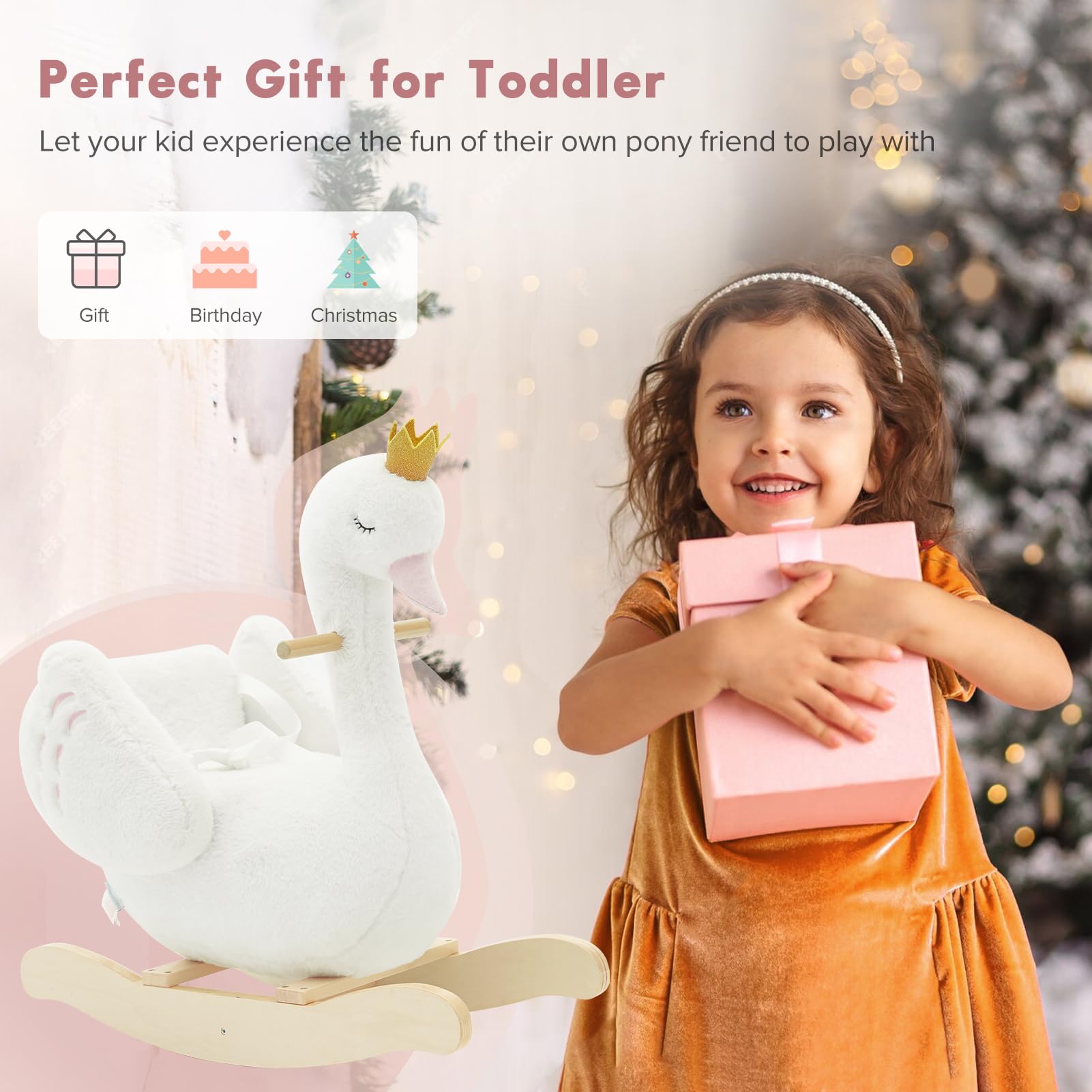 labebe Kids Rocking Horse White Swan, Stuffed Animal Wooden Rocker for Children 6 Months Boys and Girls/Nursery Christmas, Birthday Gift (Rocking Swan)