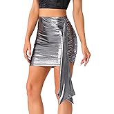 Allegra K Party Mini Skirt for Women's Metallic High Waist Asymmetric Tie Ruched Bodycon Skirts