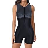 ATTRACO Women's Boyleg One Piece Swimsuit Polka Dot Athletic Bathing Suit Zip Swimwear Color Block