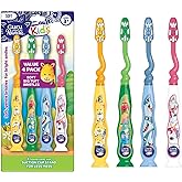 GuruNanda Kids Toothbrush with Suction Cup &amp; Tongue Cleaner, Ages 3+, 4 ct | Multi-Colored &amp; Fun to Use Cartoon Design|Soft Bristles for Healthy Gums|BPA &amp; PFAS Free|Non Slip Handle|Assorted Colors