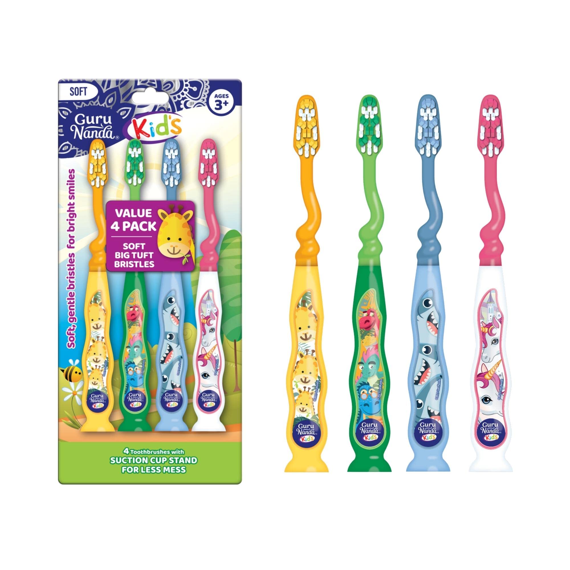 Photo 1 of GuruNanda Kids Toothbrush with Suction Cup & Fun Animal Designs - Soft Bristles for Healthy Gums- Non-Slippery & Mess-Free Toothbrush, 3+ Age- 4 Count