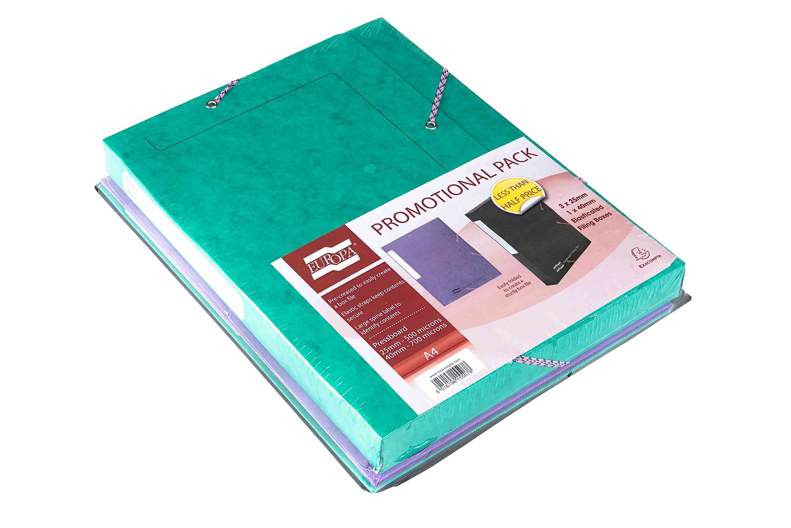 Exacompta - Ref 5211SZ - Europa - Elasticated Filing Boxes Promotional Pack, 3 x 25mm Spine & 1 x 40mm Spine, Genuine Premium Pressboard - Assorted Colours, Pack of 4
